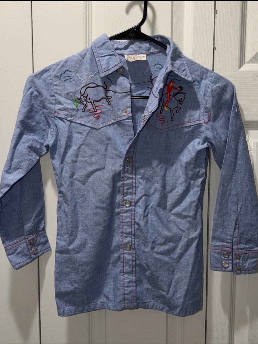 Vintage Montgomery Ward Kids 7 Chambray Embroidered Pearl Snap Western Shirt
